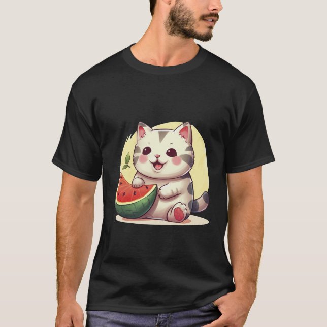 T-shirt Kawaii Spotted Cat with Watermelon Summer Art ✨🐾 (Devant)
