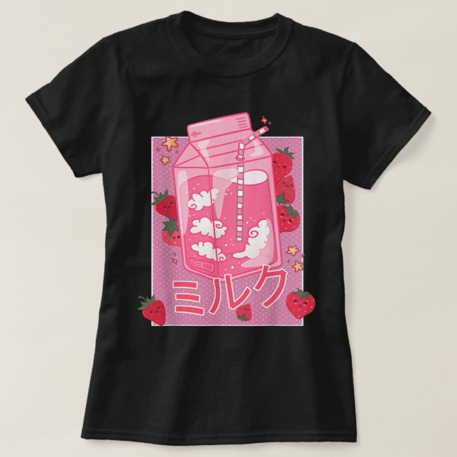 T-shirt Kawaii Strawberry Milk Japanese Aesthetic (Design devant)