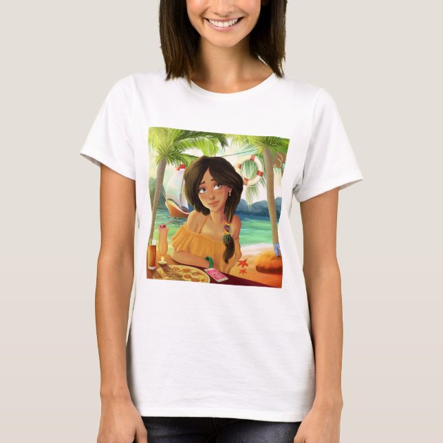 T-Shirt Kawaii Style fille mignonne sur la plage  (Devant)