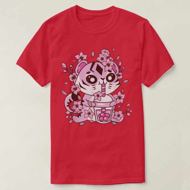 T-shirt Kawaii Tiger avec thé à bulle et thé Boba et Saku (Design devant)