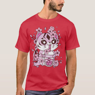 T-shirt Kawaii Tiger avec thé à bulle et thé Boba et Saku