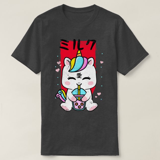 T-shirt Kawaii Unicorn Boire fraise Lait Bubble Thé (Design devant)