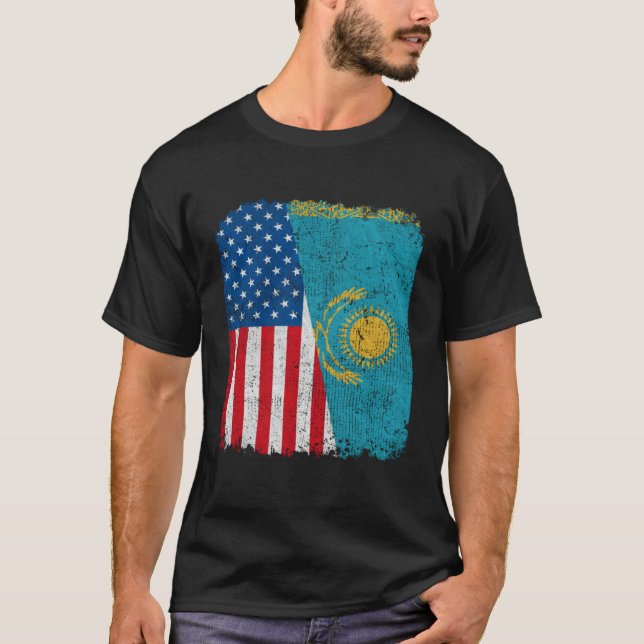 T-shirt Kazakh American Flag Half USA Kazakhstan Root Prou (Devant)