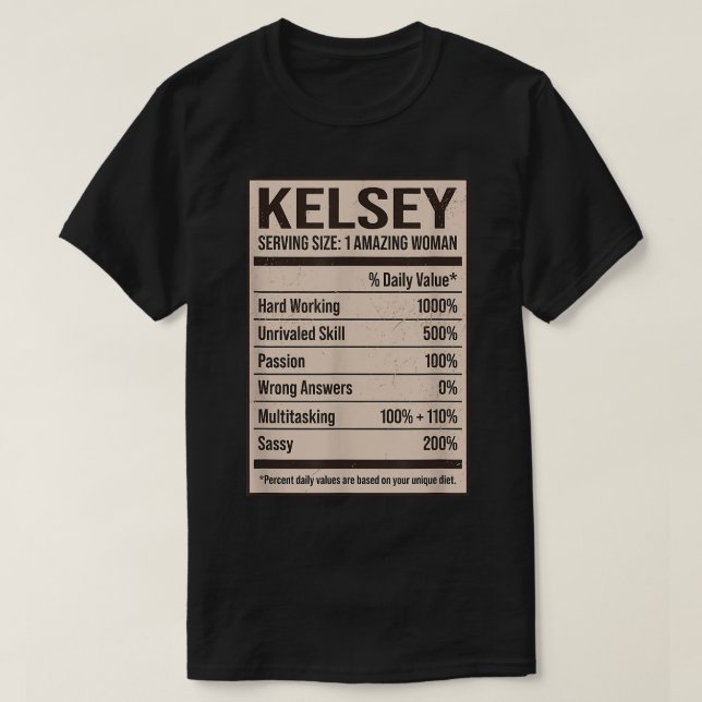 T-shirt Kelsey Nutrition Facts Nom Pseudo Alias Titre F (Design devant)