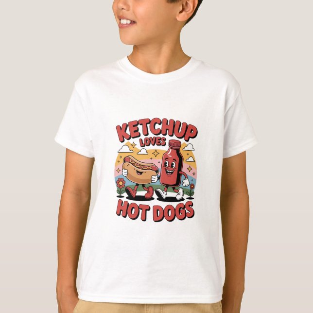 T-shirt Ketchup Aime Les Chiens Chauds - Drôle Retro Carto (Devant)