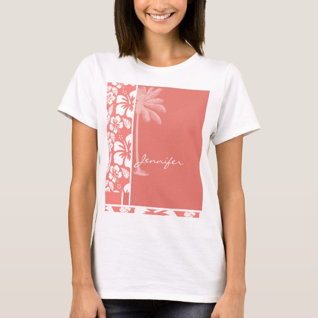 T-shirt Ketmie tropicale rose de corail ; Paume d'été (Devant)