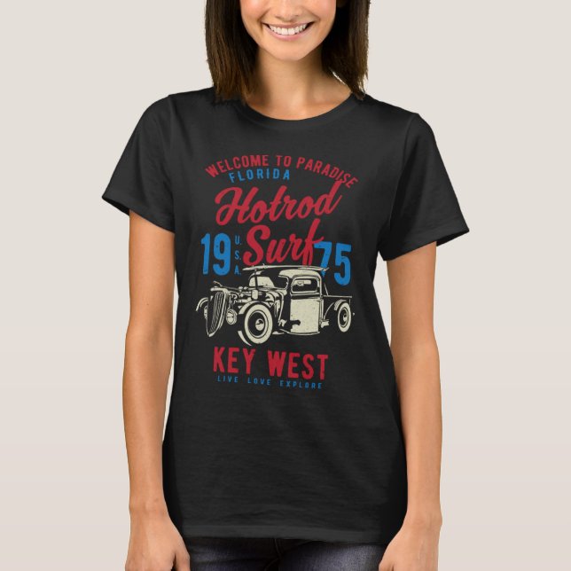 T-shirt Key West Florida Retro Hotrod Surf Distressed  6 (Devant)
