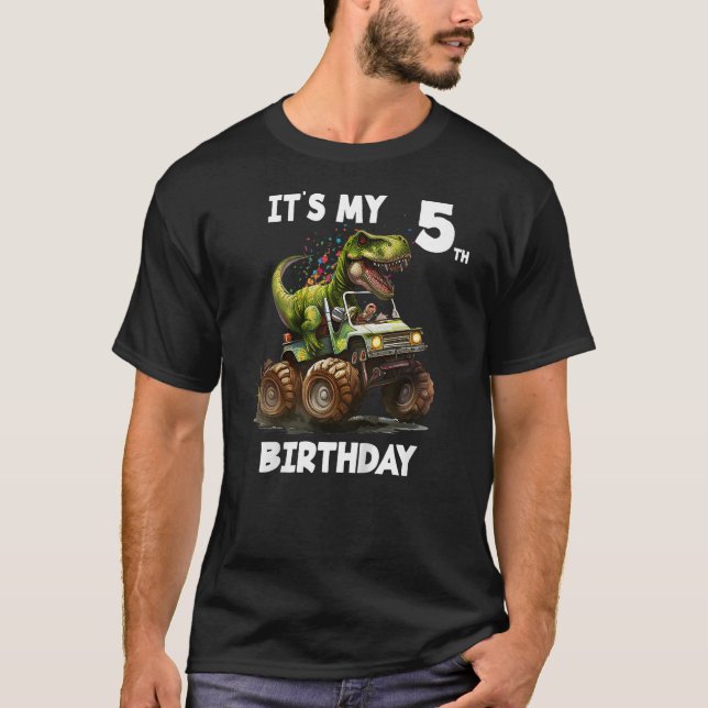 T-shirt Kids 5th Birthday Boy - Turning 5 Dinosaur (Devant)