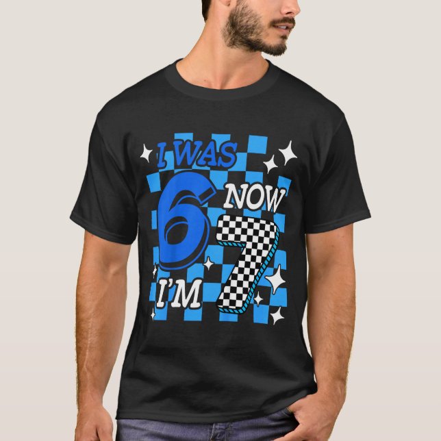 T-shirt Kids Blue Checkered I Was 6 Now I'm 7 Birthday Boy (Devant)