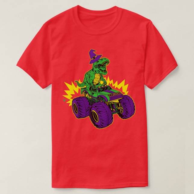 T-shirt Kids Dinosaur Riding Monster Truck Lazy Halloween  (Design devant)