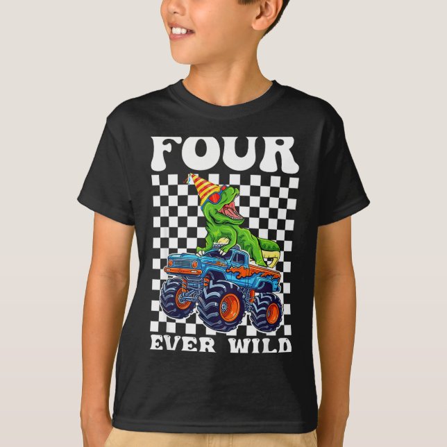 T-shirt Kids Four Ever Wild Dinosaur Monster Truck 4th Bir (Devant)