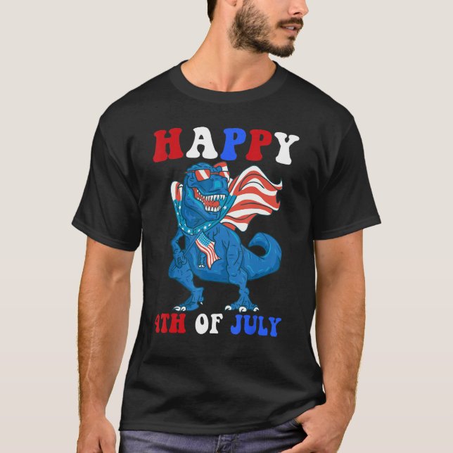 T-shirt Kids Happy 4th Of July Dinosaur Girls Boys America (Devant)