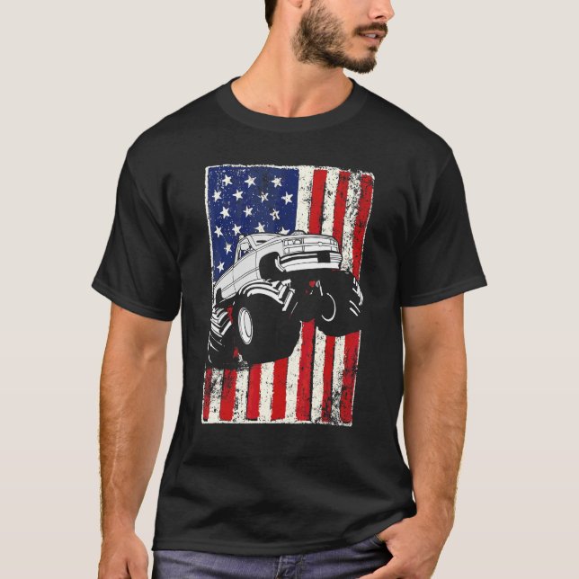 T-shirt Kids Monster Truck American Flag Racing Usa Patrio (Devant)