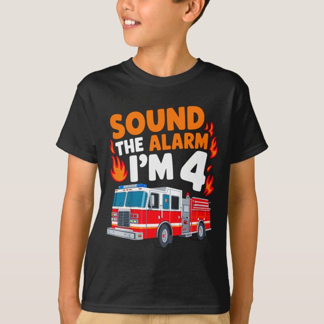T-shirt Kids Sound The Alarm I'm 4 Years Old 4th Birthday  (Devant)