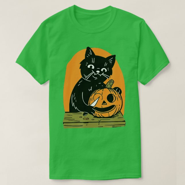T-shirt Killer Halloween Scary Black Cat With Knife Pumpki (Design devant)