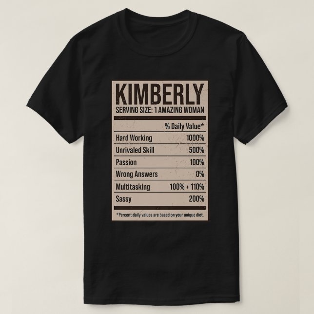 T-shirt Kimberly Nutrition Facts Nom Pseudo Alias Titre (Design devant)