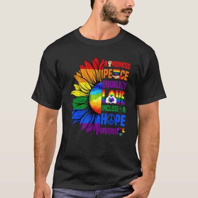 T-shirt Kindness Peace Equality Love Gay pride Sunflower L (Devant)