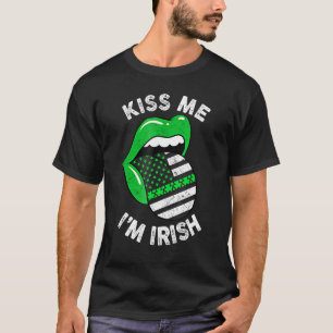 T-shirt Kiss Me I M Irish Green Lips American Flag St Part