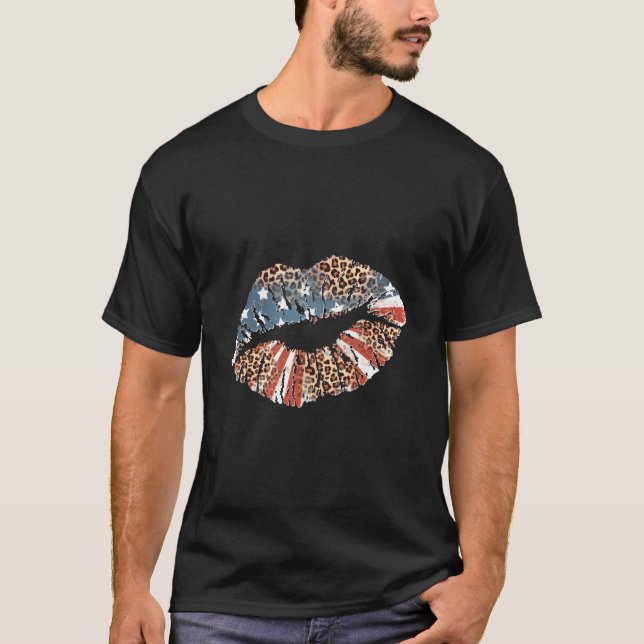T-shirt Kissing Lips Smooch Pucker Patriotic July 4Th Leop (Devant)