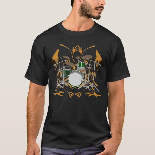 T-shirt Kit de tambour et illustration verts de tribal : (Devant)