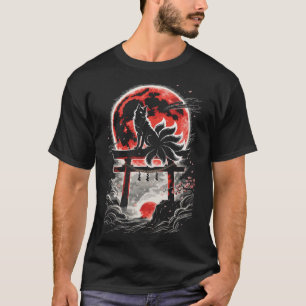 T-shirt Kitsune au Torii sous la Lune Rouge - Art Japonais