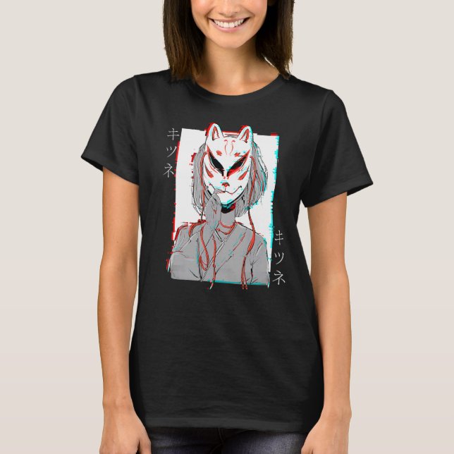 T-shirt Kitsune Fox Masque Vaporwave Glitch Japon Style (Devant)