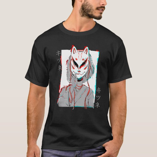 T-shirt Kitsune Fox Masque Vaporwave Glitch Japon Style (Devant)