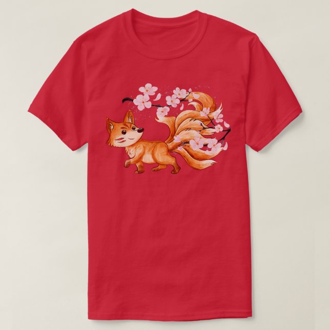 T-shirt Kitsune Yokai Fox Fantasy Japanese Folklore Cherry (Design devant)