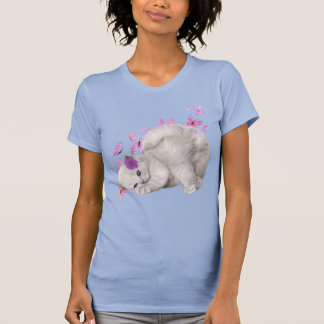 T-shirt Kitten blanc bouffant entouré de fleurs roses et