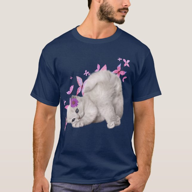 T-shirt Kitten blanc bouffant entouré de fleurs roses et (Devant)