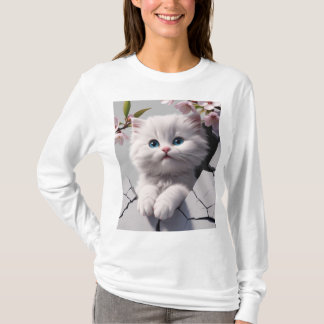 T-shirt Kitten Blanc Parmi Les Fleurs De Cerisiers