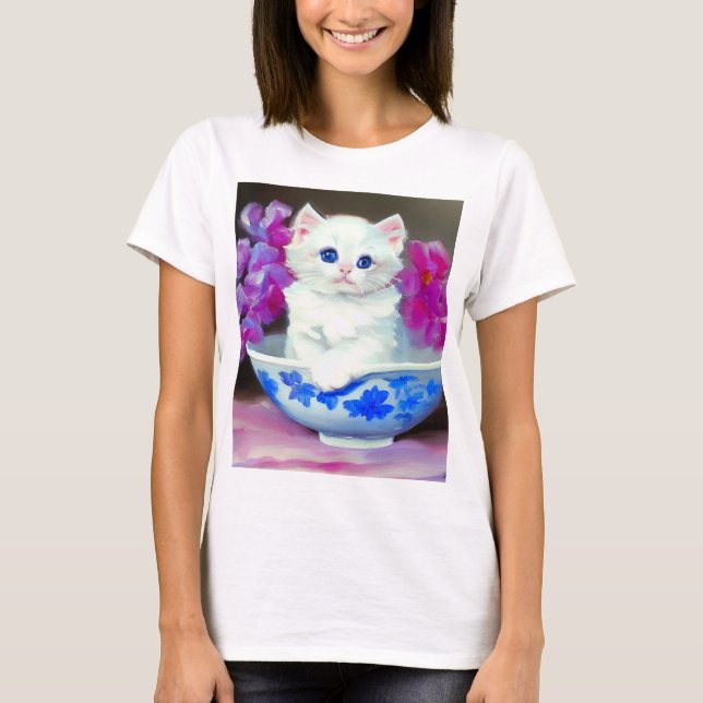 T-shirt Kitten blanc vintage aux fleurs roses (Devant)
