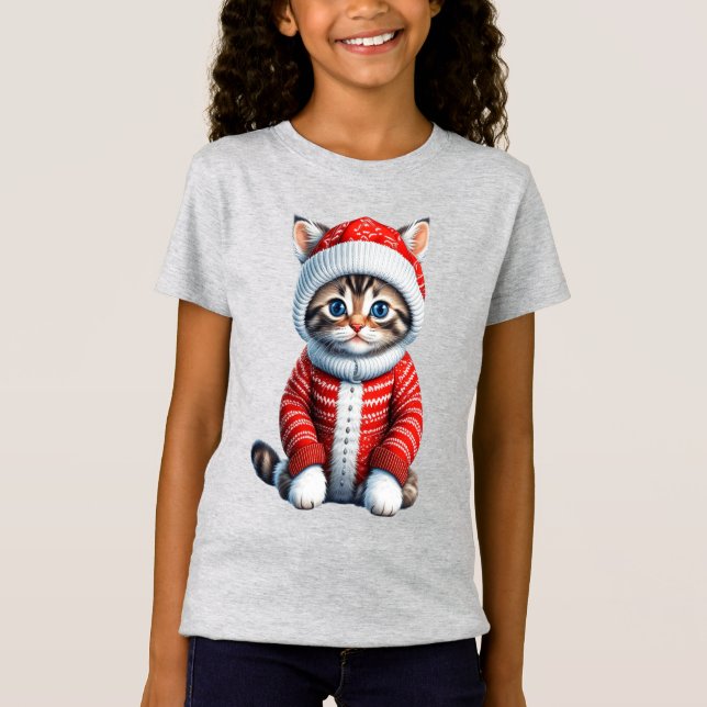T-Shirt Kitten dans un pull de Noël rouge et blanc pour en (Devant)