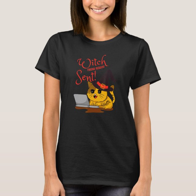T-shirt Kitten de sorcière d'Halloween demande d'ami envoy (Devant)