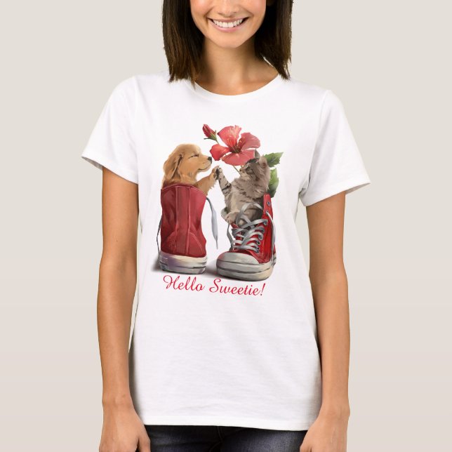 T-shirt Kitten et chiot se saluent (Devant)