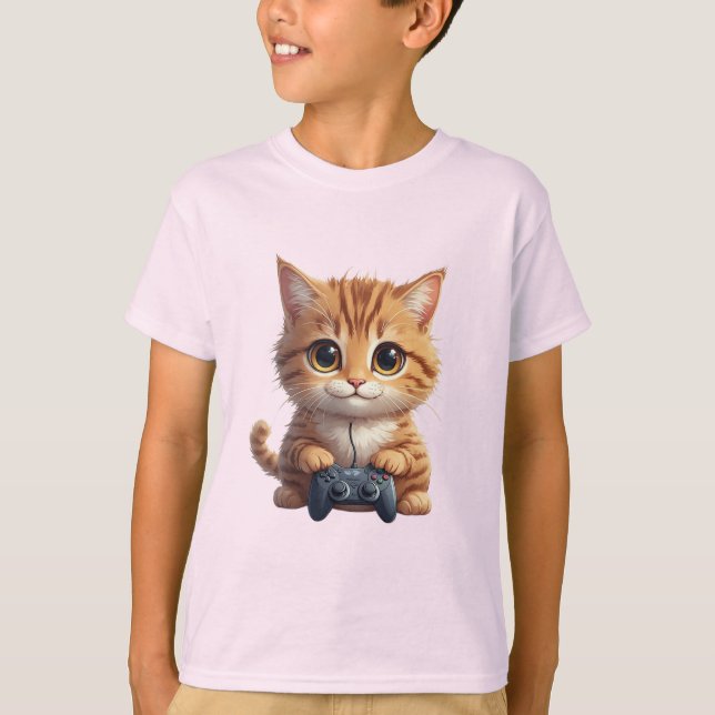 T-shirt Kitten Holding Game Controller Gamer Cat (Devant)