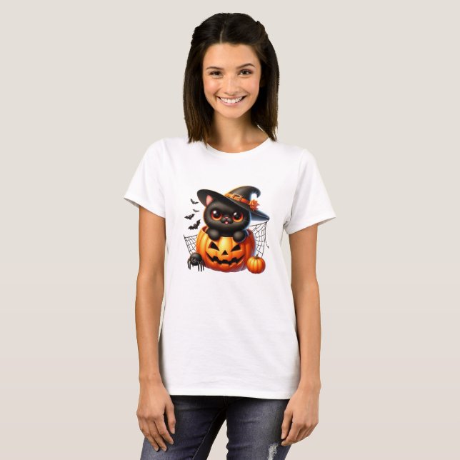 T-shirt Kitten noir dans un citrouille d'Halloween (Devant entier)