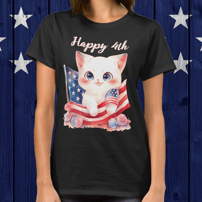 T-shirt Kitten patriotique 4 juillet Happy 4th Custom (Patriotic Kitten 4th of July Happy 4th Custom T-Shirt)