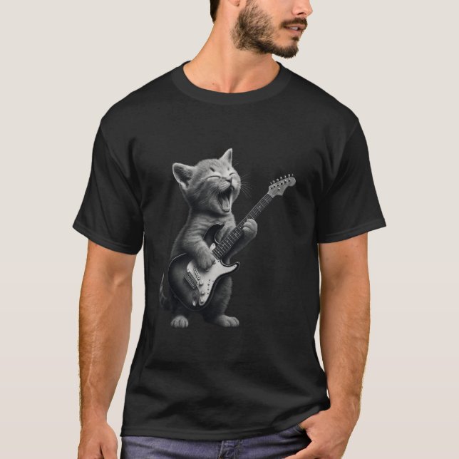 T-shirt Kitten Playing Guitar Rock and Roll Funny Cat Guit (Devant)