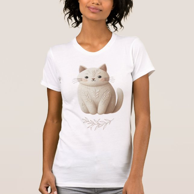 T-shirt Kitty beige brodé avec feuille pointillée Détails (Devant)