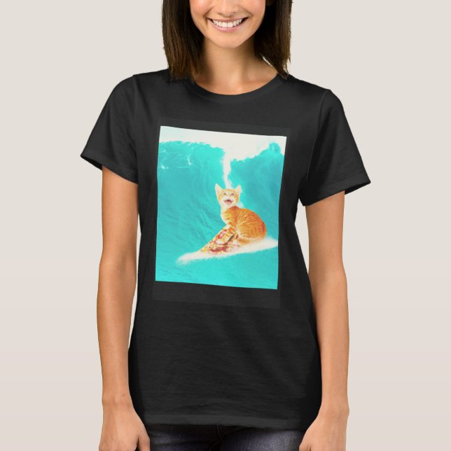 T-shirt Kitty Cat Surfing Pizza (Devant)