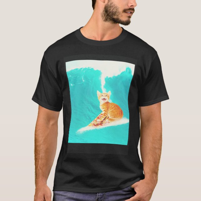 T-shirt Kitty Cat Surfing Pizza (Devant)