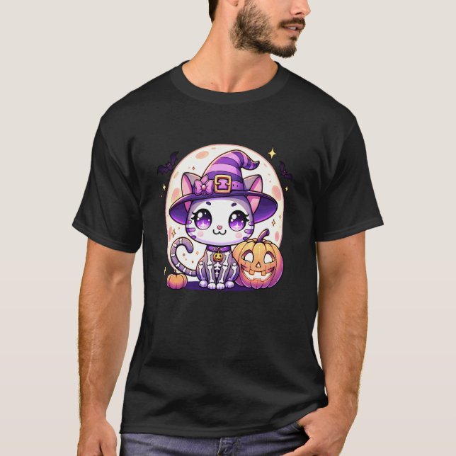 T-shirt Kitty Chat Squelette Filles Sorcière Halloween (Devant)