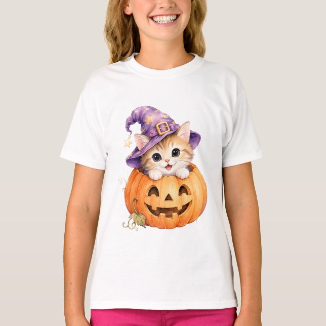 T-shirt Kitty Halloween dans une citrouille Jack O Lantern (Devant)