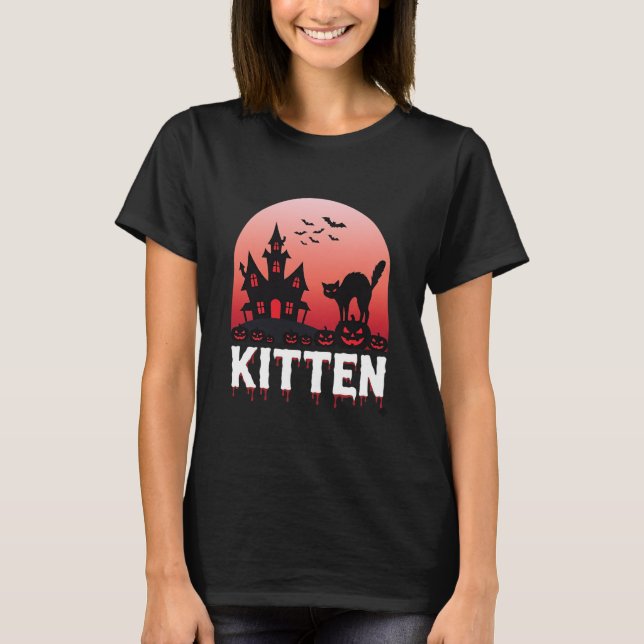 T-shirt Kitty Halloween Maison Hantée Design de Chat_1 (Devant)