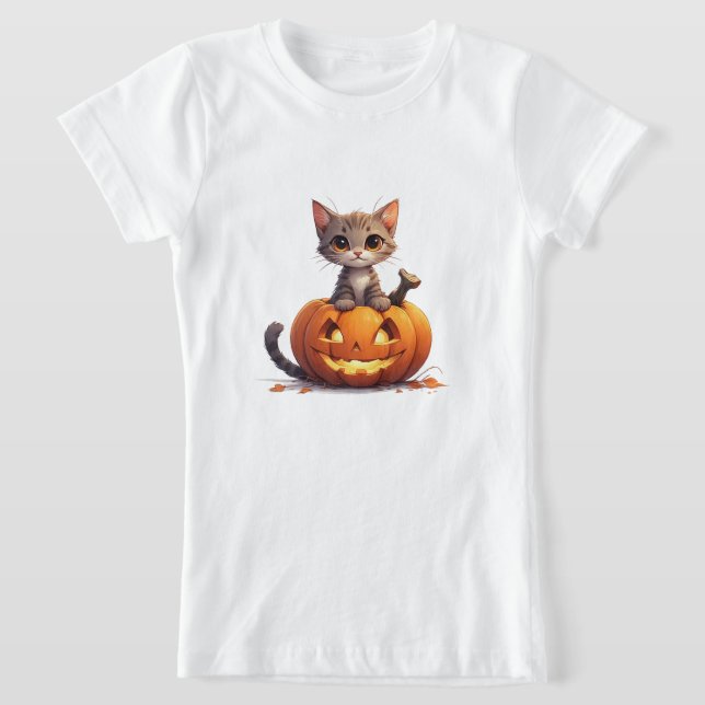 T-Shirt Kitty Halloween qui regarde d'une décoration de ci (Poser)