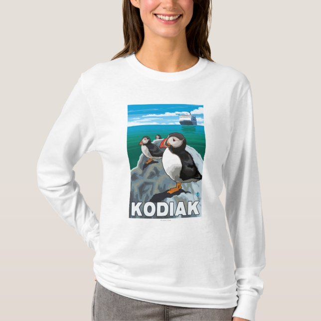 T-shirt Kodiak, AlaskaPuffins et bateau de croisière (Devant)