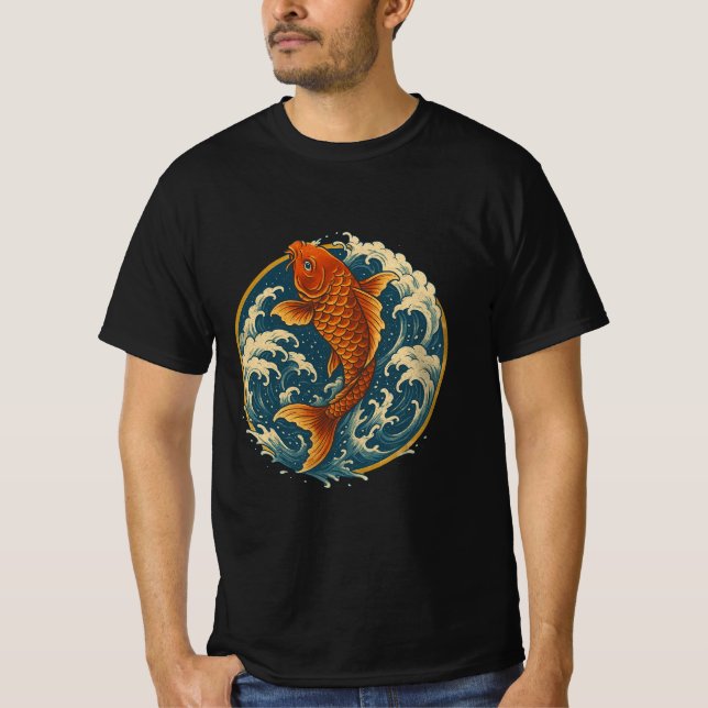 T-shirt Koi Climbing the Waterfall – Japanese Art Circle D (Devant)