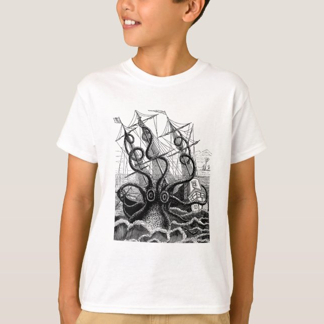 T-shirt Kraken/poulpe Eatting un bateau de pirate, (Devant)