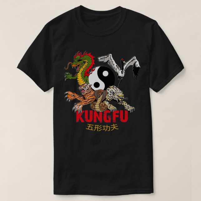 T-shirt Kung Fu 5 Animaux Formes Tiger Grane Léopard Serpe (Design devant)